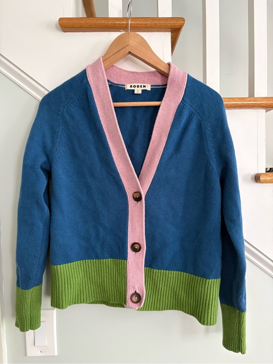 Boden Sweaters - Boden Blue V-Neck Colorblock Cardigan with Pink Trim and Green Hem